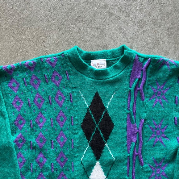 Vintage 90s Nan Dorsey Geometric Sweater Size Medium Green USA Made Pullover - Picture 2 of 5